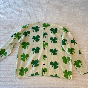 Cream Cardigan Sweater with Green Clover Pattern